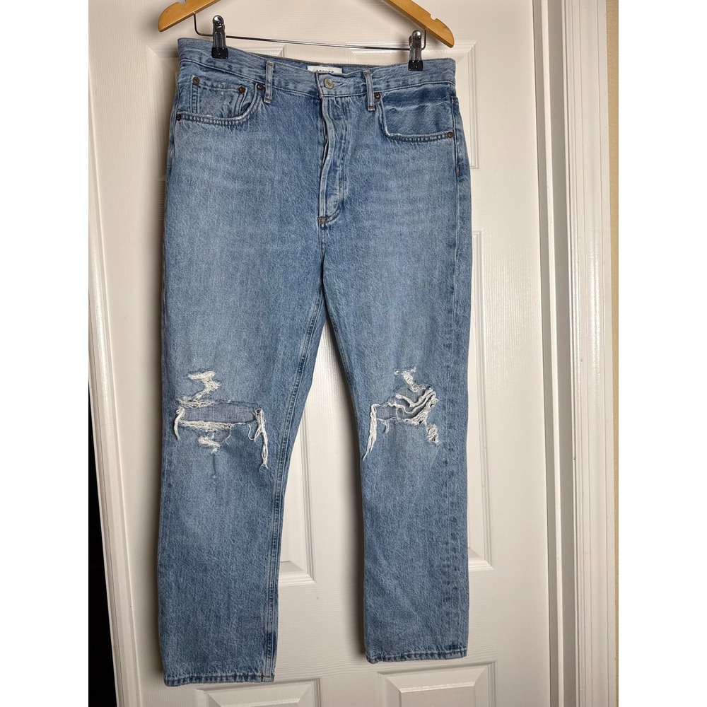 Agolde Riley Jeans Womens 29 Light Blue Distressed High Rise Straight Leg Denim